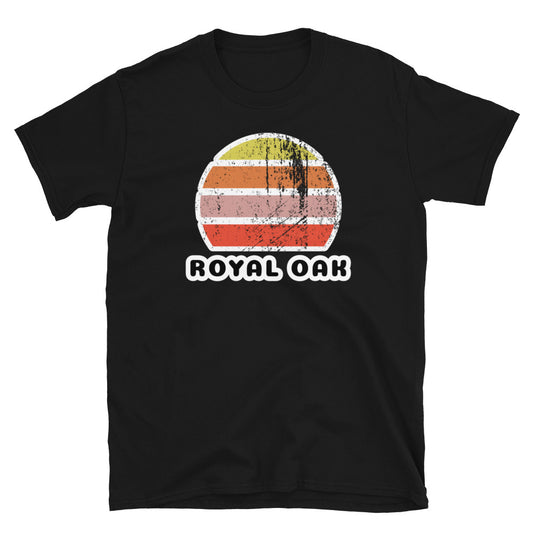 Vintage distressed style abstract retro sunset in yellow, orange, pink and scarlet with the name Royal Oak beneath on this black t-shirt