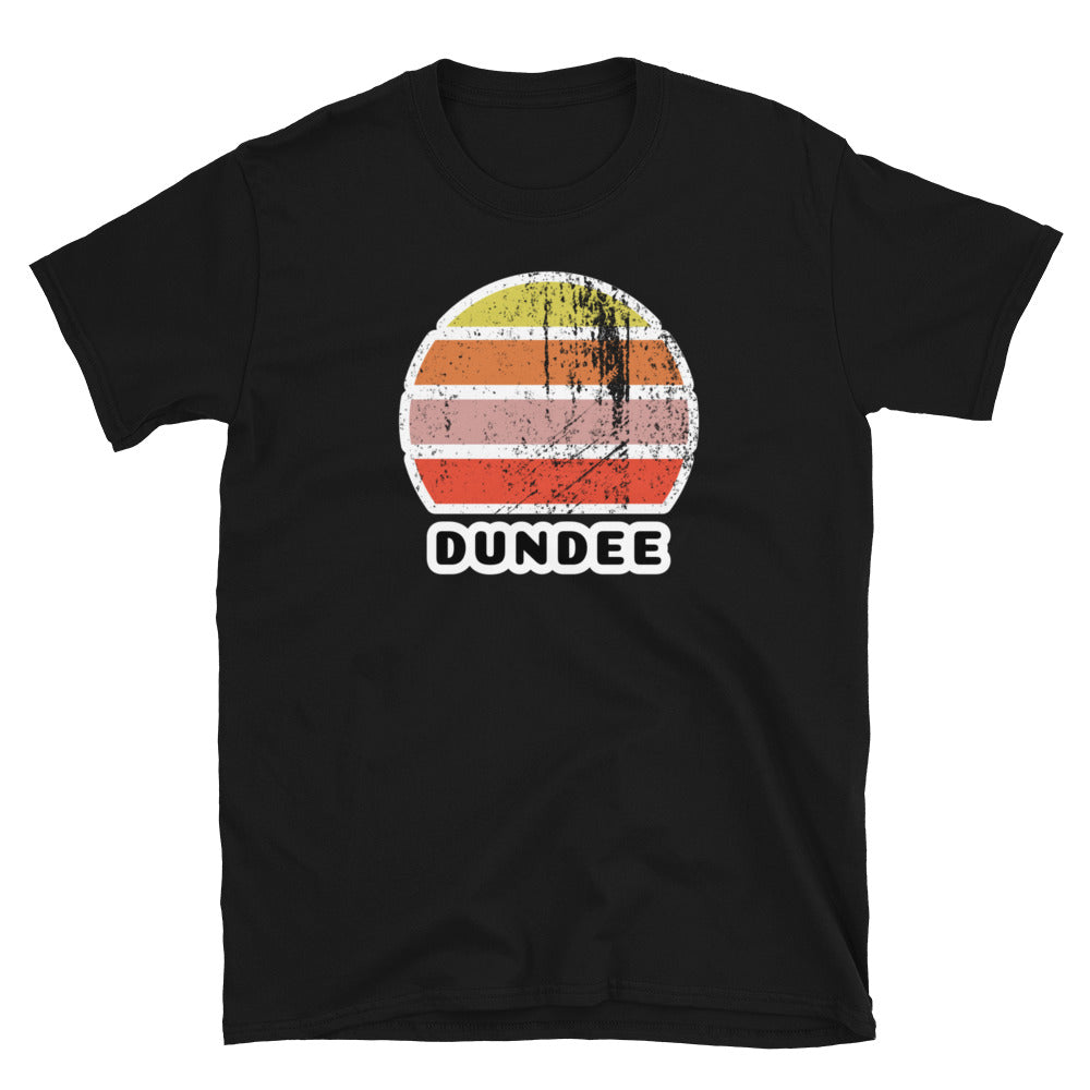 Distressed style abstract retro sunset graphic in yellow, orange, pink and scarlet stripes rising up from the famous Scottish place name of Dundee on this black cotton t-shirt