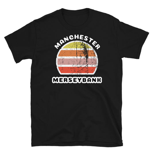 Distressed style abstract retro sunset graphic in yellow, orange, pink and scarlet stripes. The name of Manchester is displayed at the top wrapped around the sunset. Below the retro sunset design is the famous Manchester place name of Merseybank on this black cotton t-shirt.