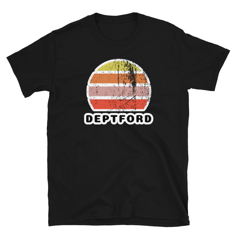 Vintage retro sunset in yellow, orange, pink and scarlet with the name Deptford beneath on this black t-shirt