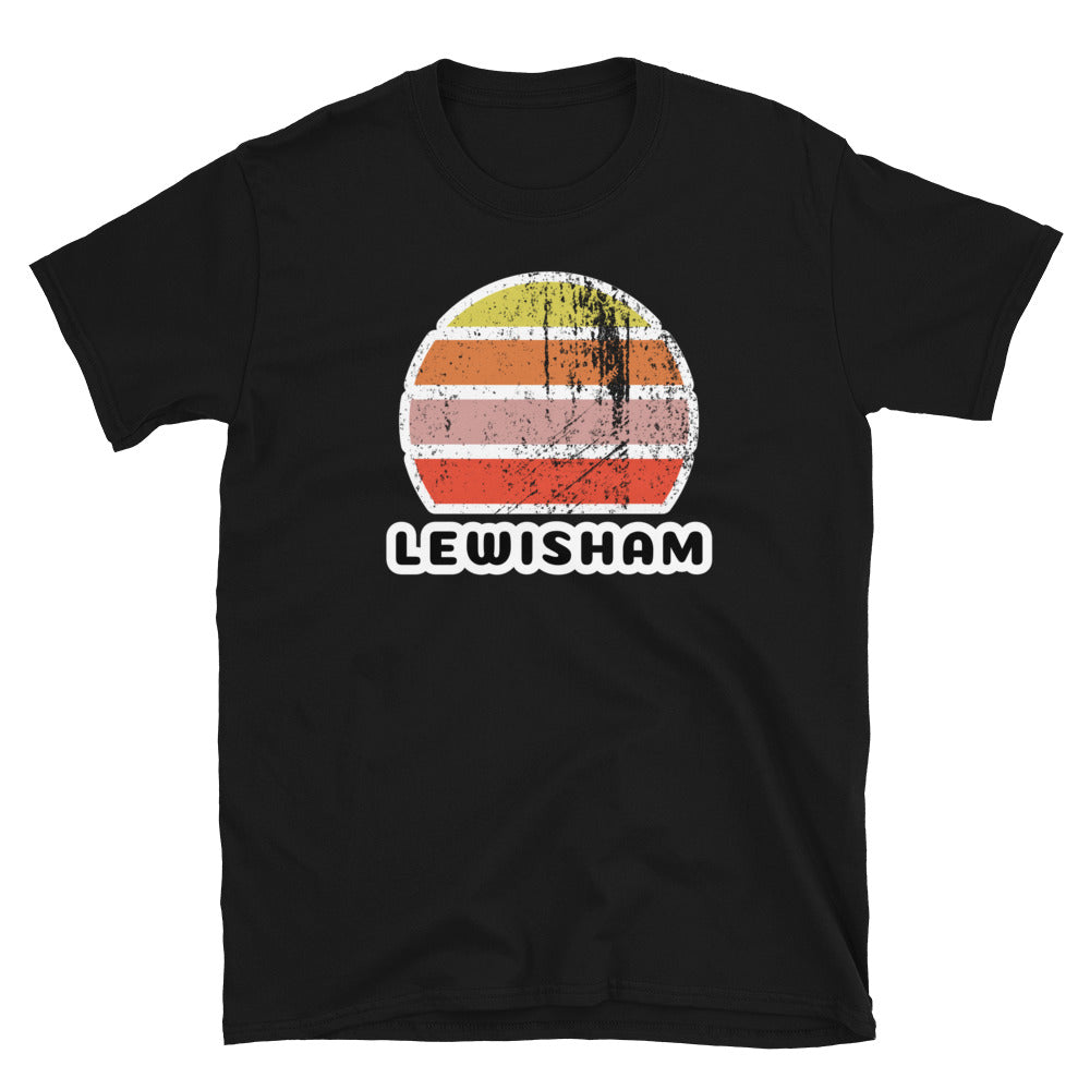 Vintage distressed style retro sunset in yellow, orange, pink and scarlet with the name Lewisham beneath on this black cotton t-shirt