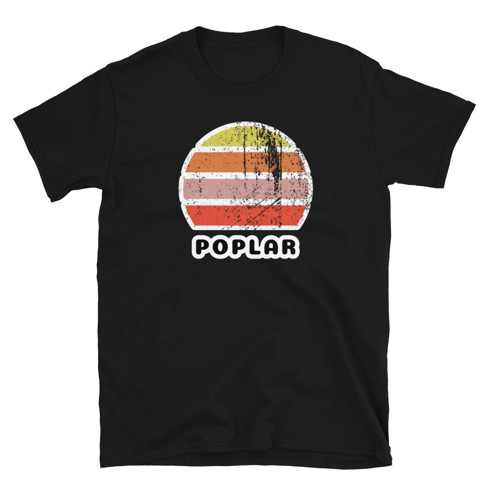 Vintage distressed style retro sunset in yellow, orange, pink and scarlet with the London neighbourhood of Poplar beneath on this black cotton t-shirt