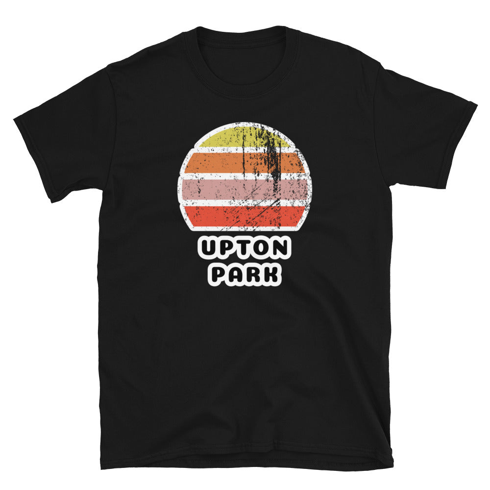 Vintage distressed style retro sunset in yellow, orange, pink and scarlet with the London neighbourhood of Upton Park beneath on this black cotton t-shirt