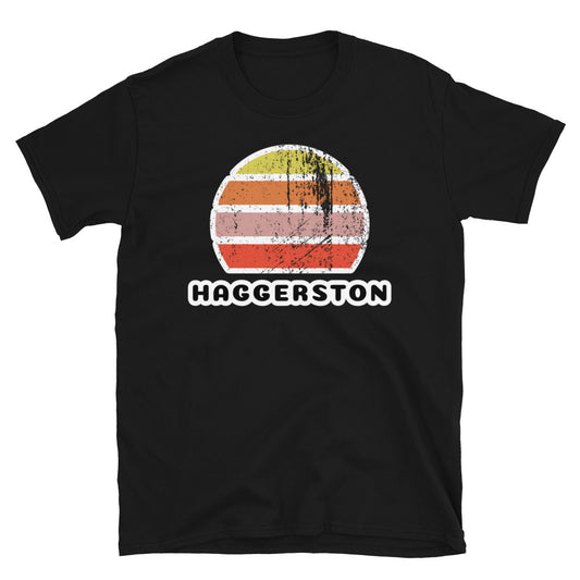 Vintage distressed style retro sunset in yellow, orange, pink and scarlet with the London neighbourhood of Haggerston beneath on this black cotton t-shirt