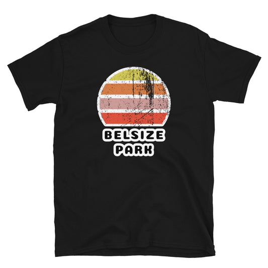 Vintage distressed style retro sunset in yellow, orange, pink and scarlet with the London neighbourhood of Belsize Park beneath on this black cotton t-shirt