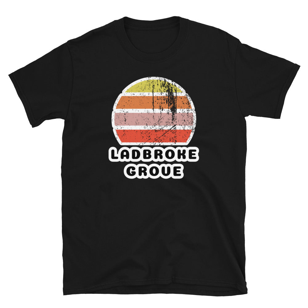 Vintage distressed style retro sunset in yellow, orange, pink and scarlet with the London neighbourhood of Ladbroke Grove beneath on this black cotton t-shirt