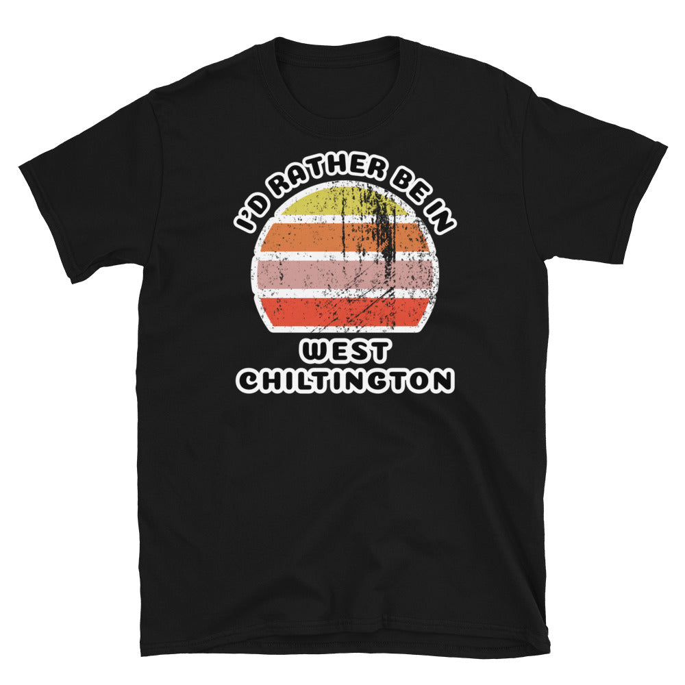 Vintage style distressed effect sunset graphic design t-shirt entitled I'd Rather be in West Chiltington on this black cotton tee