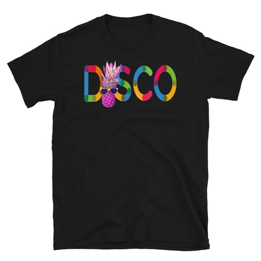 Summer Disco Pineapple novelty t-shirt with a pink pineapple with sunglasses in front of a disco sign on this black cotton tee