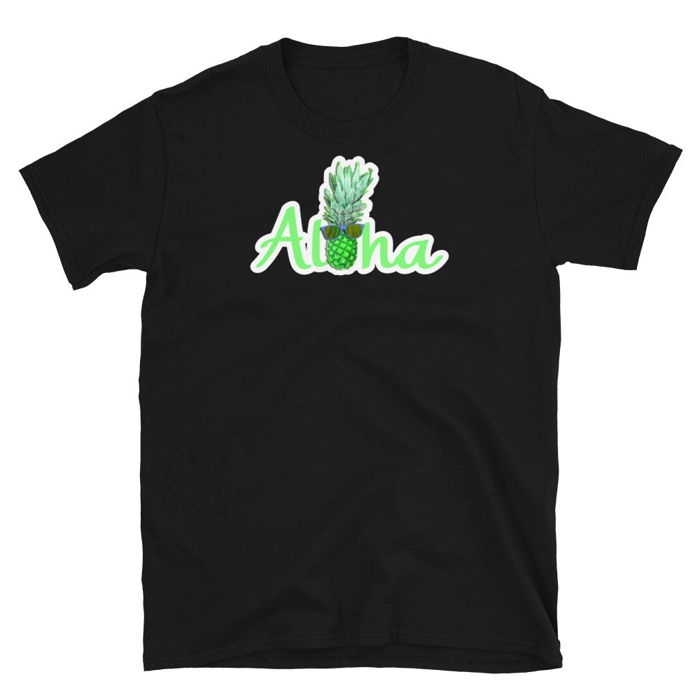 Aloha slogan with a green pineapple with sunglasses between the Hawaiian Aloha greeting with a white surround on this black cotton t-shirt