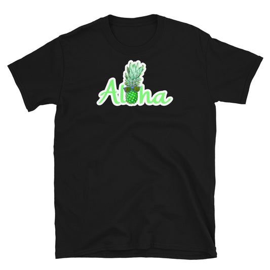 Aloha slogan with a green pineapple with sunglasses between the Hawaiian Aloha greeting with a white surround on this black cotton t-shirt