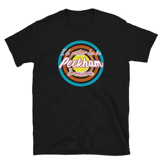 Urban vintage style graphic in turquoise, orange, pink and yellow concentric circles with the slogan I'd rather be in Peckham London across the front in retro style font on this black cotton t-shirt