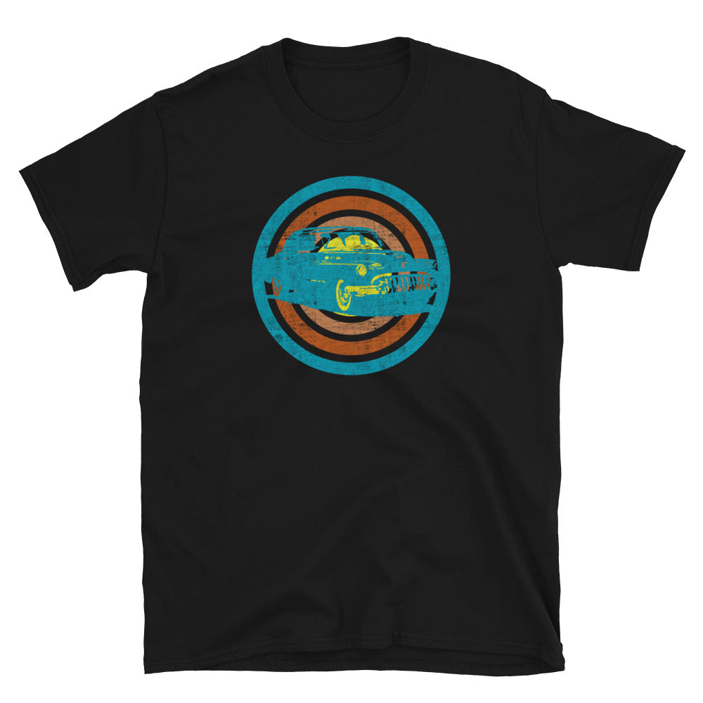 Turquoise classic car silhouette within retro vintage style concentric circles in turquoise, orange, pink and yellow on this black cotton t-shirt 