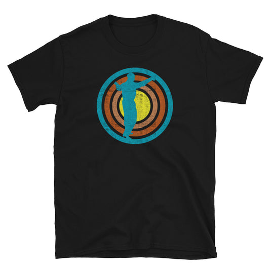 Turquoise dad dancer silhouette within retro vintage style concentric circles in turquoise, orange, pink and yellow on this black cotton novelty t-shirt