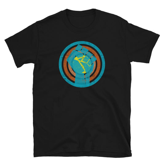 Turquoise revolution raised fist silhouette within retro vintage style concentric circles in turquoise, orange, pink and yellow on this black cotton t-shirt