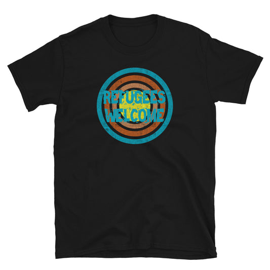 Refugees Welcome slogan in turquoise retro font within retro vintage style concentric circles in turquoise, orange, pink and yellow on this black cotton graphic t-shirt