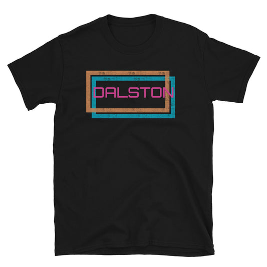 Retro futuristic disco style Dalston London neighbourhood in an offset double frame design of a blue and an orange distressed style framing on this black cotton t-shirt by BillingtonPix