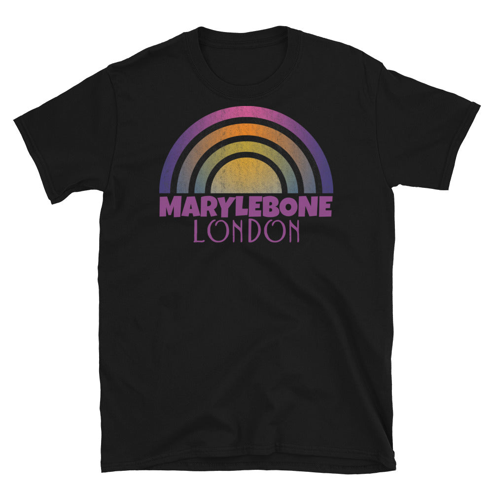 Retrowave 80s style graphic vintage sunset design t shirt depicting the London neighbourhood of Marylebone on this black cotton t-shirt