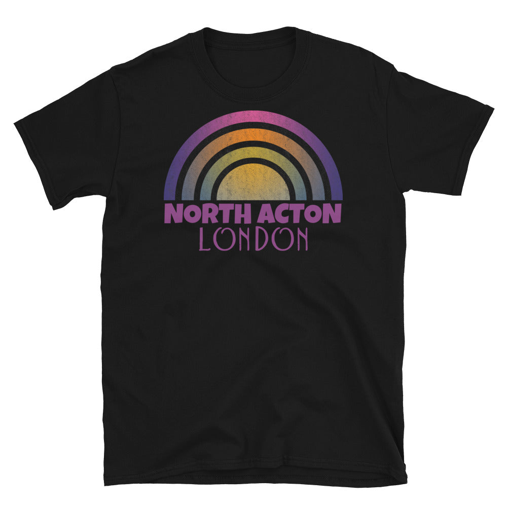 Retrowave and Vaporwave 80s style graphic vintage sunset design tee depicting the London neighbourhood of North Acton on this black cotton t-shirt