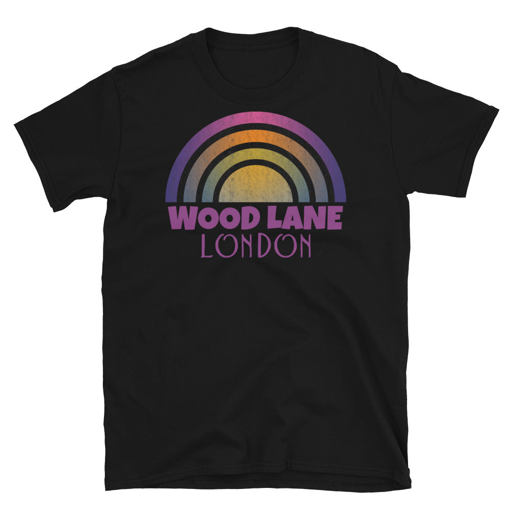 Retrowave and Vaporwave 80s style graphic vintage sunset design tee depicting the London neighbourhood of Wood Lane on this black cotton t-shirt