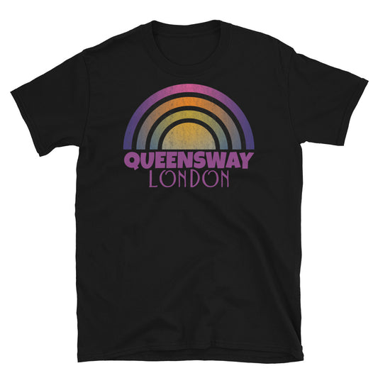 Retrowave and Vaporwave 80s style graphic vintage sunset design tee depicting the London neighbourhood of Queensway on this black cotton t-shirt