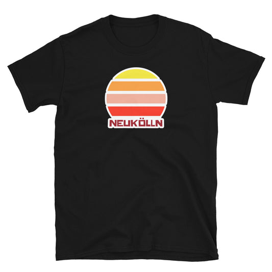 NeukÃ¶lln Berlin LGBT themed t-shirt with a vintage sunset graphic in yellow, orange, pink and scarlet and the place name Kreuzberg beneath on this black cotton t-shirt by BillingtonPix