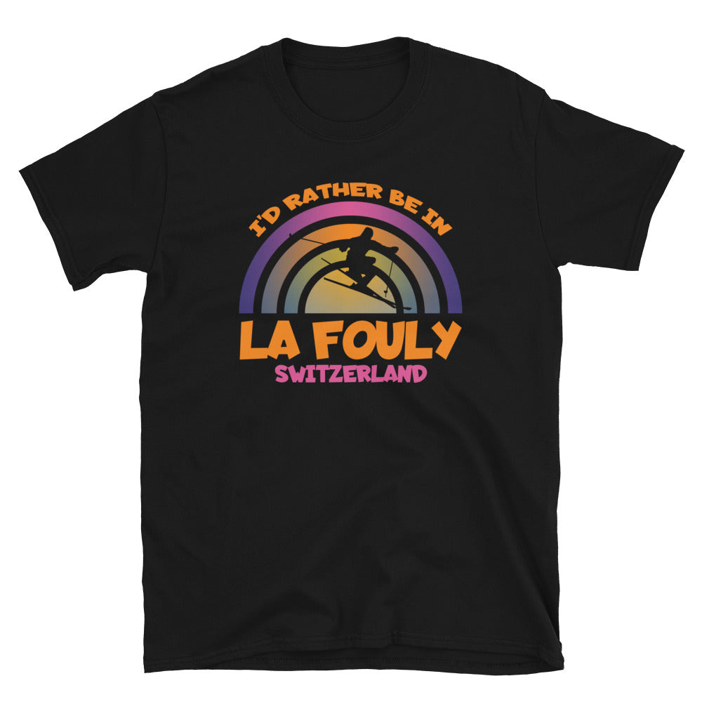 I'd Rather Be in La Fouly Switzerland vintage sunset concentric circles design with silhouetted skier on this black cotton t-shirt