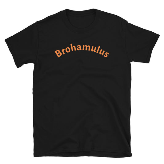 Funny slogan t-shirt with the word Brohamulus in orange font on this black cotton tee by BillingtonPix