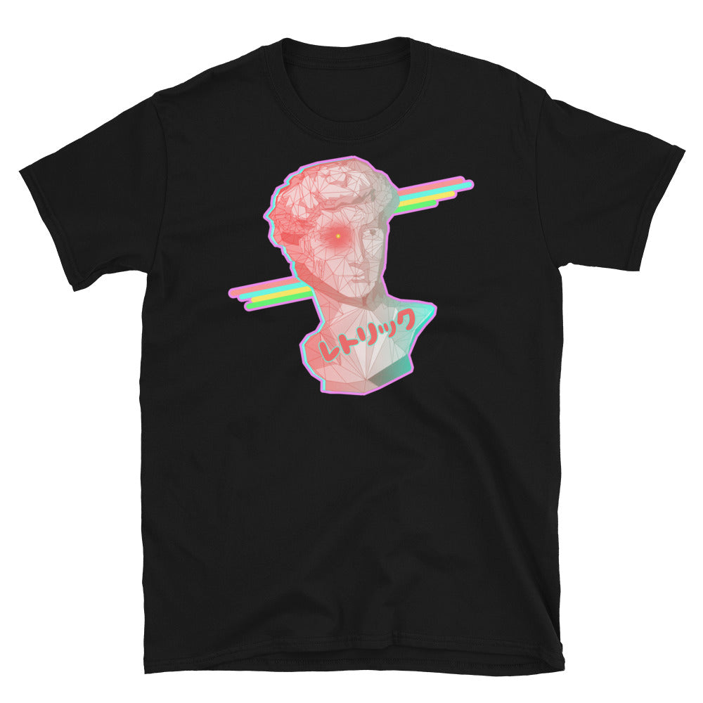 Retrowave design t-shirt in a 90s Dreamwave style featuring Michelangelo's David containing a grid format overlay and a gradient pastel tone from pink to blue. In the background, behind the statue bust, are some 90s disco stripes and at the base is the Japanese word ãƒ¬ãƒˆãƒªãƒƒã‚¯ or Rhetoric. The bust contains a turquoise blue glitch which protrudes from the left hand side. Surrounding the entire composition is a pastel pink outline on this black cotton t-shirt by BillingtonPix