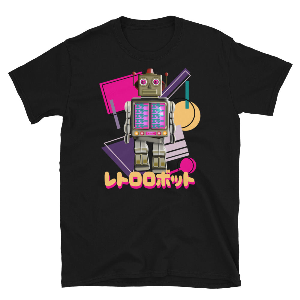 Japanese Retro Futurism malfunctioning robot t-shirt with an 80s Memphis retro geometric shapes on this black cotton t-shirt by BillingtonPix