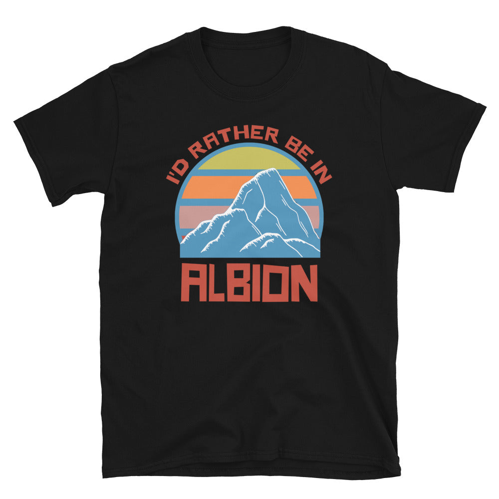 Albion Idaho vintage sunset mountain ski themed retro design t-shirt in orange, blue, yellow and pink on this black tee by BillingtonPix