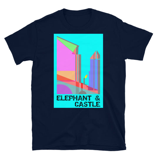 Colorful representative Pop Art style image of a view of Elephant and Castle with modern tall skyscrapers and old Victorian railway line on this t-shirt