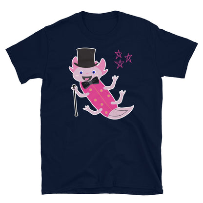 Cute kawaii axolotl dancing with top hat and cane on this navy cotton t-shirt by BillingtonPix