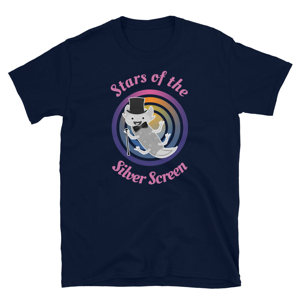 Super cute black and white dancing axolotl with top hat, bow-tie and cane in front of a contrasting metallic coloured concentric circular design. The image is surrounded by the phrase Stars of the Silver Screen in pink font on this navy cotton graphic t-shirt by BillingtonPix