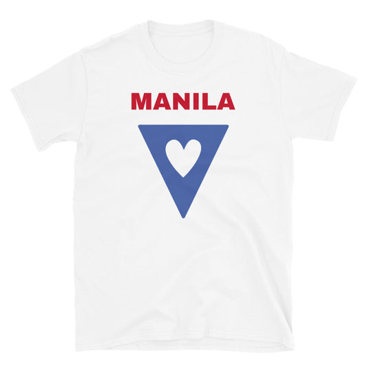 Manila slogan featuring a blue triangular shaped flag containing a cutout heart which on this white cotton t-shirt makes up the main colours of the Philippine flag, by BillingtonPix