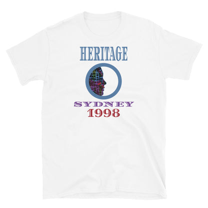 Graphic t-shirt with a patterned profile face in abstract design, tones of blue, green, purple, red, in circular format, with the words Heritage Sydney 1998 in blue, purple and red on this white cotton t-shirt by BillingtonPix